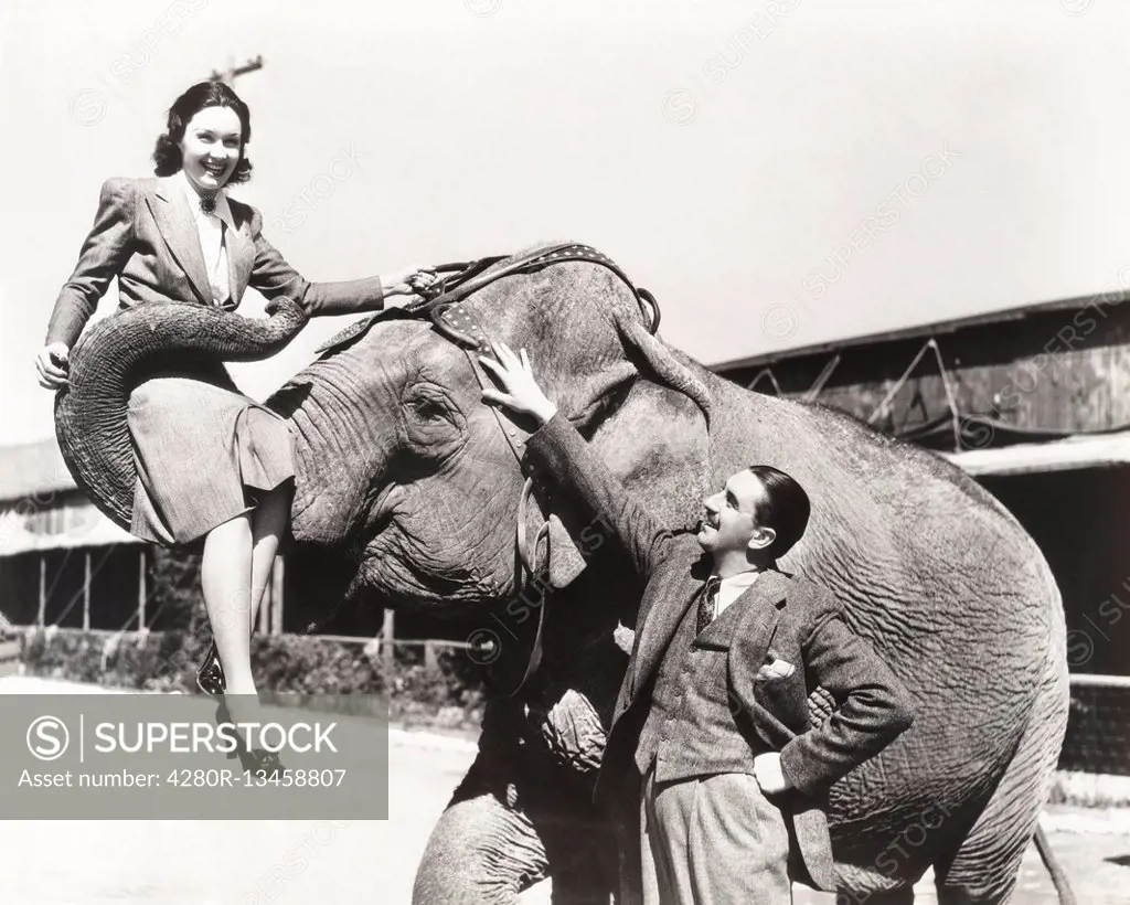 Young man looking at woman lifted by elephant