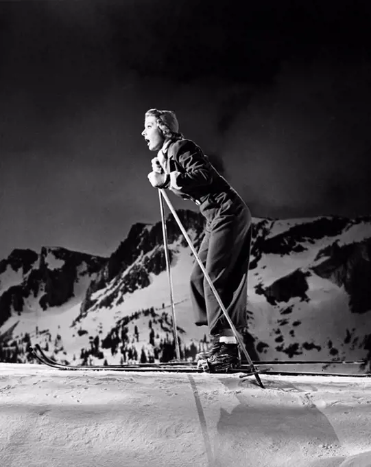 Profile of a young woman skiing All persons depicted are not longer living and no estate exists Supplier warranties that there will be no model releas...