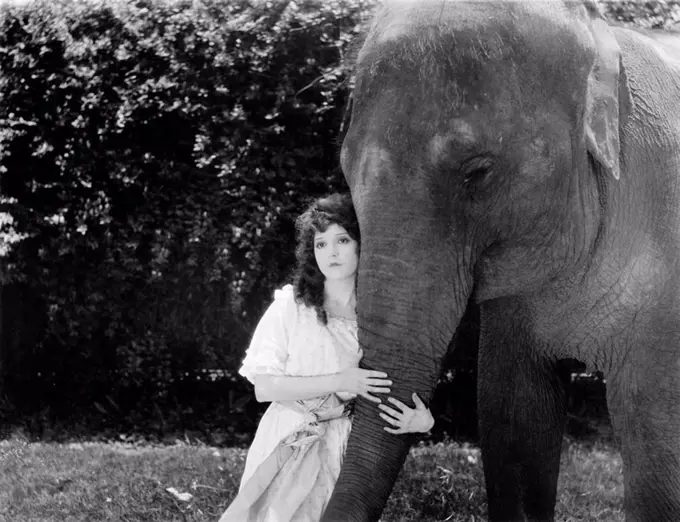 Young woman hugging the trunk of an elephant All persons depicted are not longer living and no estate exists Supplier warranties that there will be no...