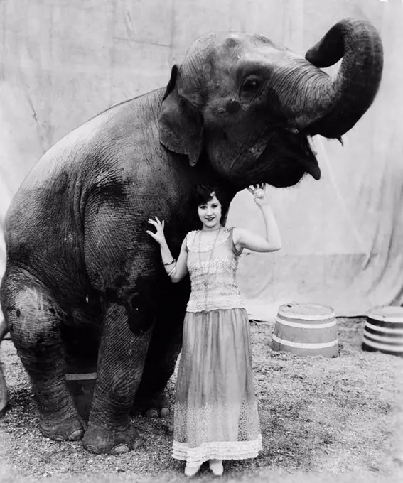 Portrait of a young woman standing under an elephant All persons depicted are not longer living and no estate exists Supplier warranties that there wi...