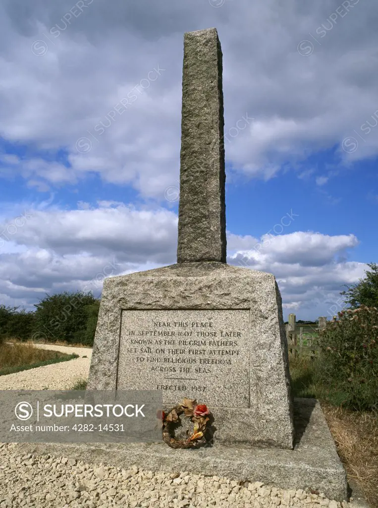 England, Lincolnshire, Boston. Modern memorial to the Pilgrim Fathers beside The Haven, the wide channel of the River Witham running from Boston port to The Wash.