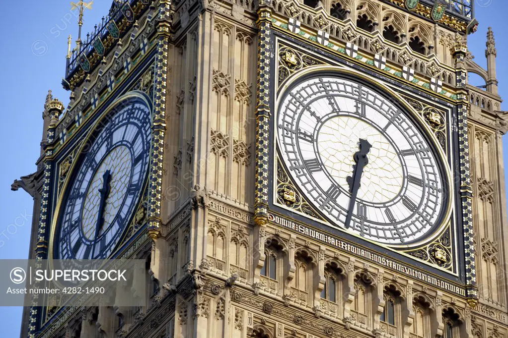 England, London, Westminster. Detail of the clock face of Big Ben in Westminster.