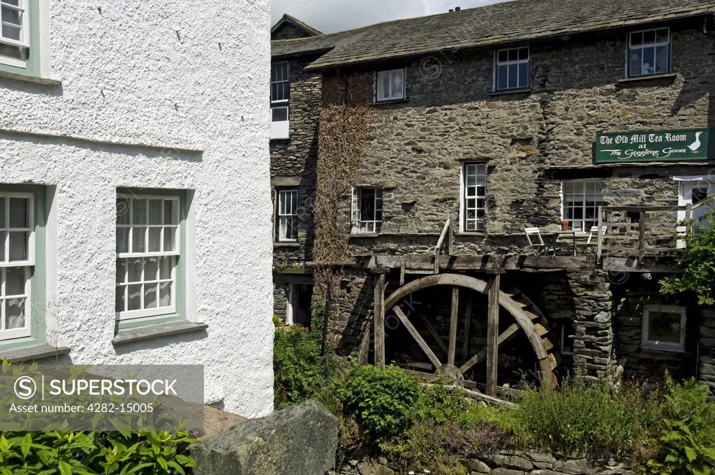 England, Cumbria, Ambleside. The Old Mill Tea Room at the Giggling Goose, a cafe in a listed mill with working waterwheel.