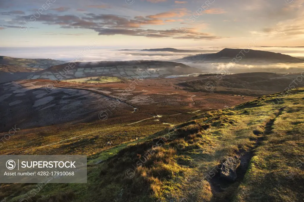 The Skirrid mountain at dawn from the top of the Sugar Loaf.