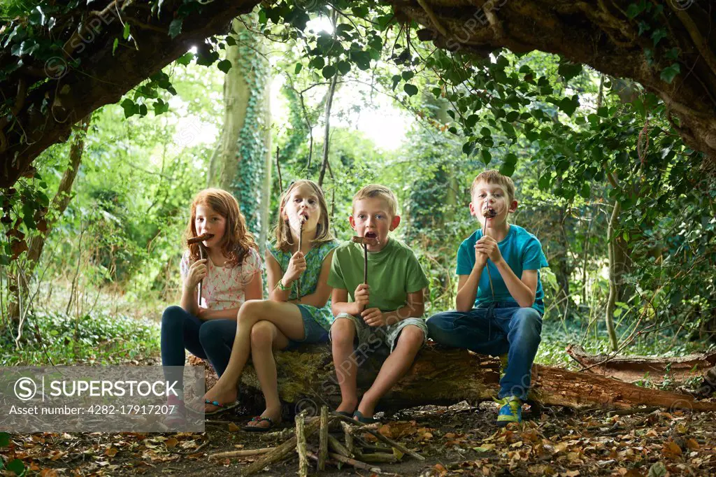 Group Of Children Eating Sausages In Woodland Camp