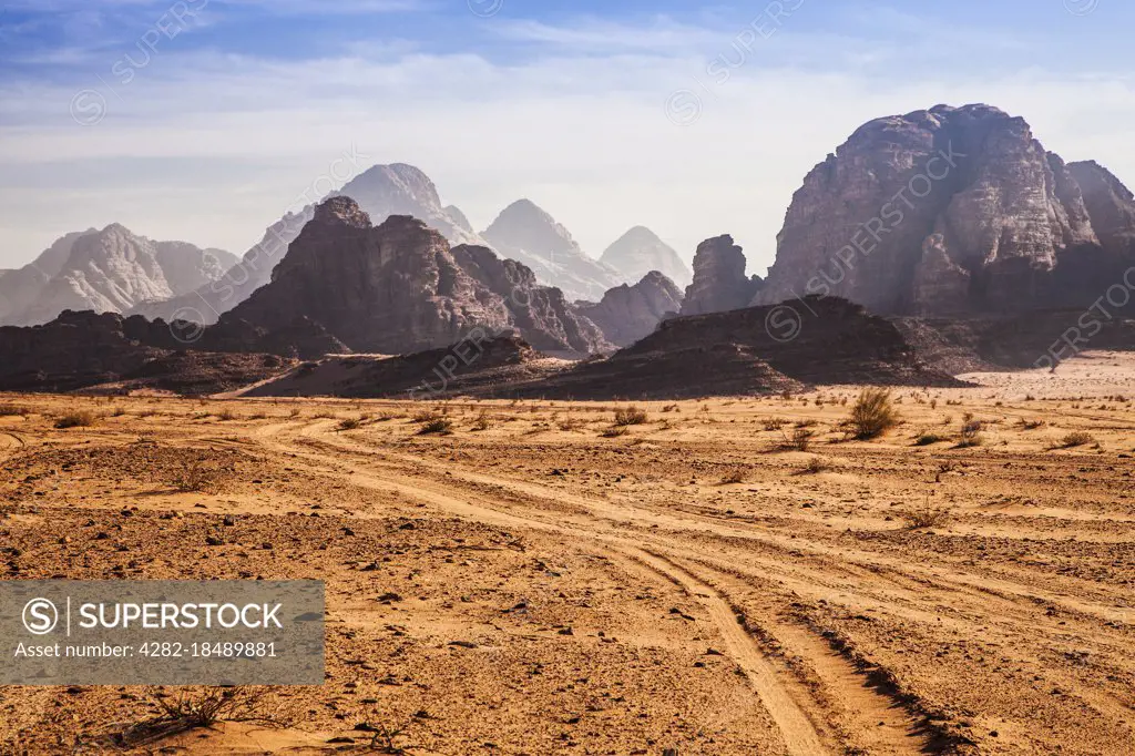 The dramatic mountainous landscape of the Jordanian desert at Wadi Rum or the Valley of the Moon.