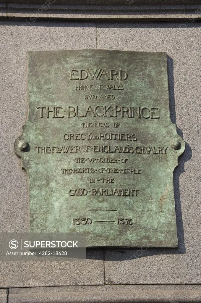 England, West Yorkshire, Leeds. Plaque on the statue of Edward, Prince of  Wales, known as the Black Prince, in City Square. - SuperStock