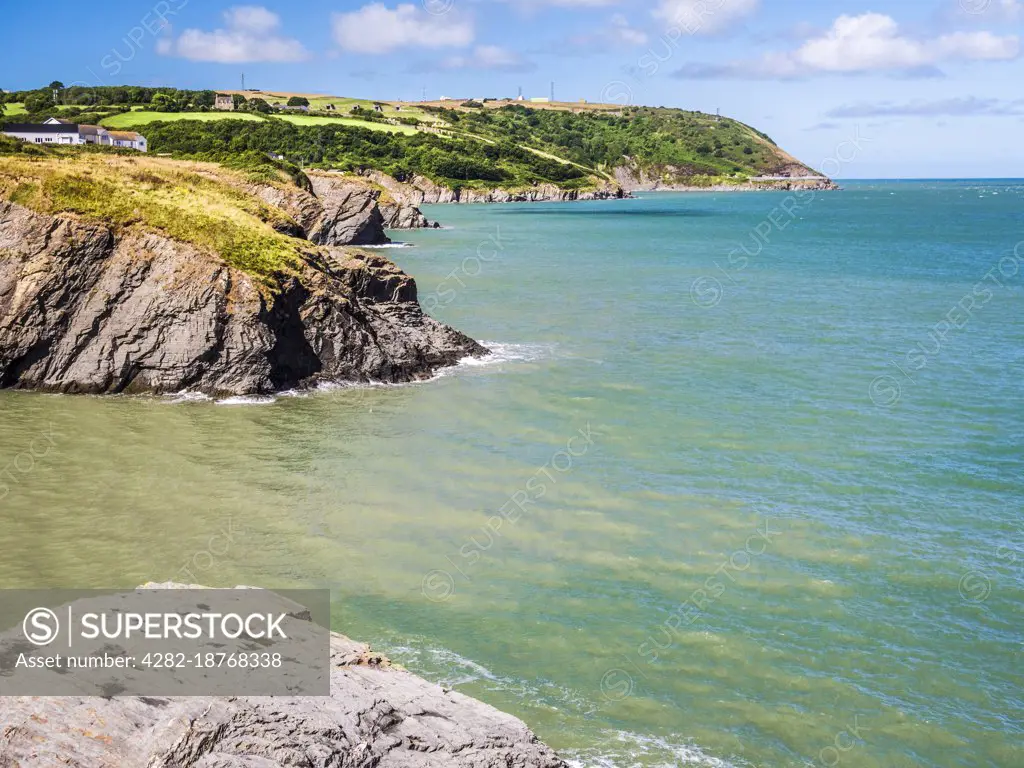 The view from the coastal path looking towards Aberporth on the Welsh coast in Ceredigion.