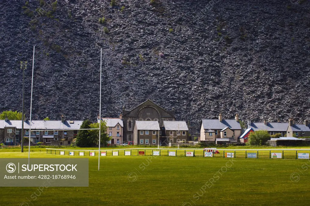 Rugby pitch and slate at Blaenau Ffestiniog.