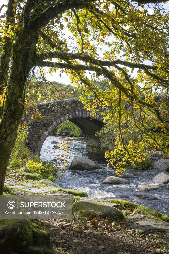 Clapper bridge at Dartmeet on Dartmoor.