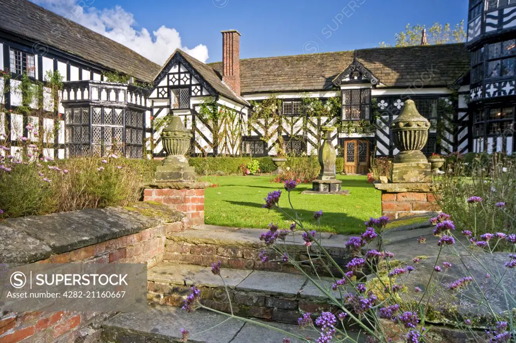 Black and white half timbered medieval Gawsworth Old Hall in Cheshire.