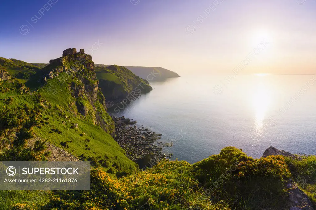 Valley of the Rocks and Wringcliff Bay at sunset in Exmoor National Park.