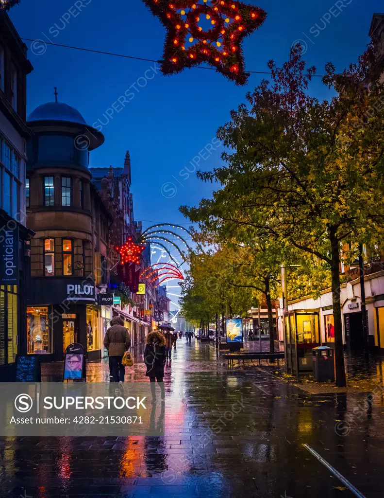 Christmas shopping on a wet night in Leicester.