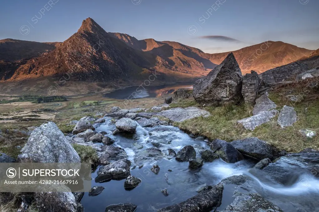 The Afon Lloer and Tryfan in the Ogwen valley in Snowdonia.