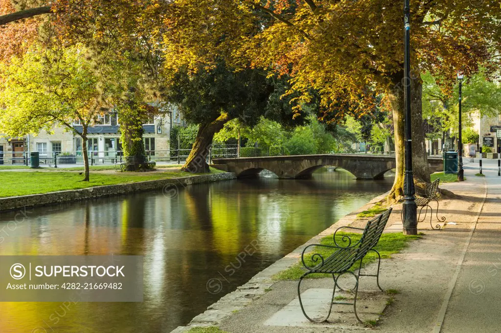 Spring morning in the Cotswold village of Bourton on the Water in Gloucestershire.