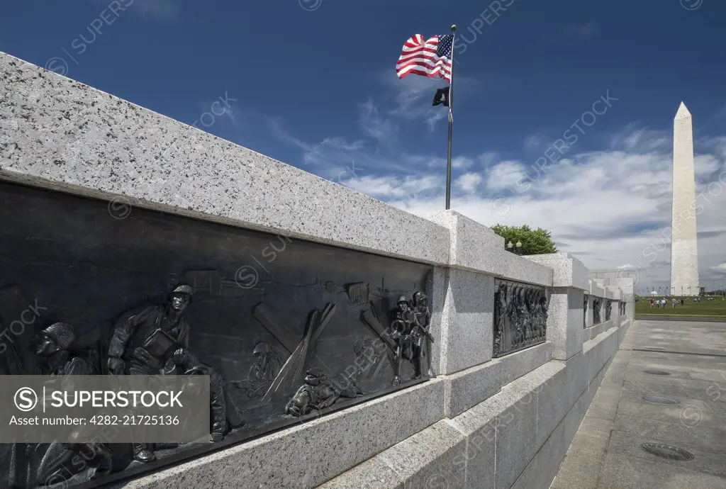 Bronze bas relief panels on the World War 2 memorial and the Washington Monument in Washington DC.