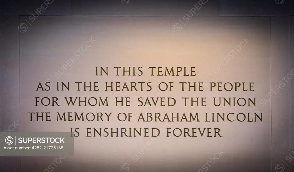 Epitaph inscription to Abraham Lincoln by Royal Cortissoz inside the Lincoln Memorial in Washington DC.