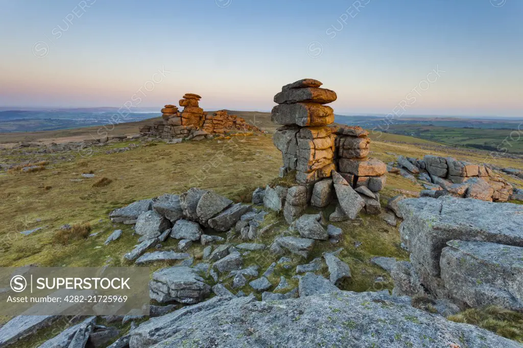 Sunrise at Great Mis Tor in Dartmoor National Park.