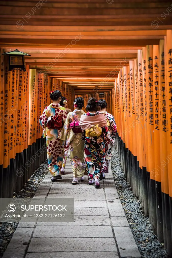 Local tourists wearing kimonos walk down the brightly painted vermilion gates of the Fushimi Inari Taisha shrine in Kyoto in Japan.