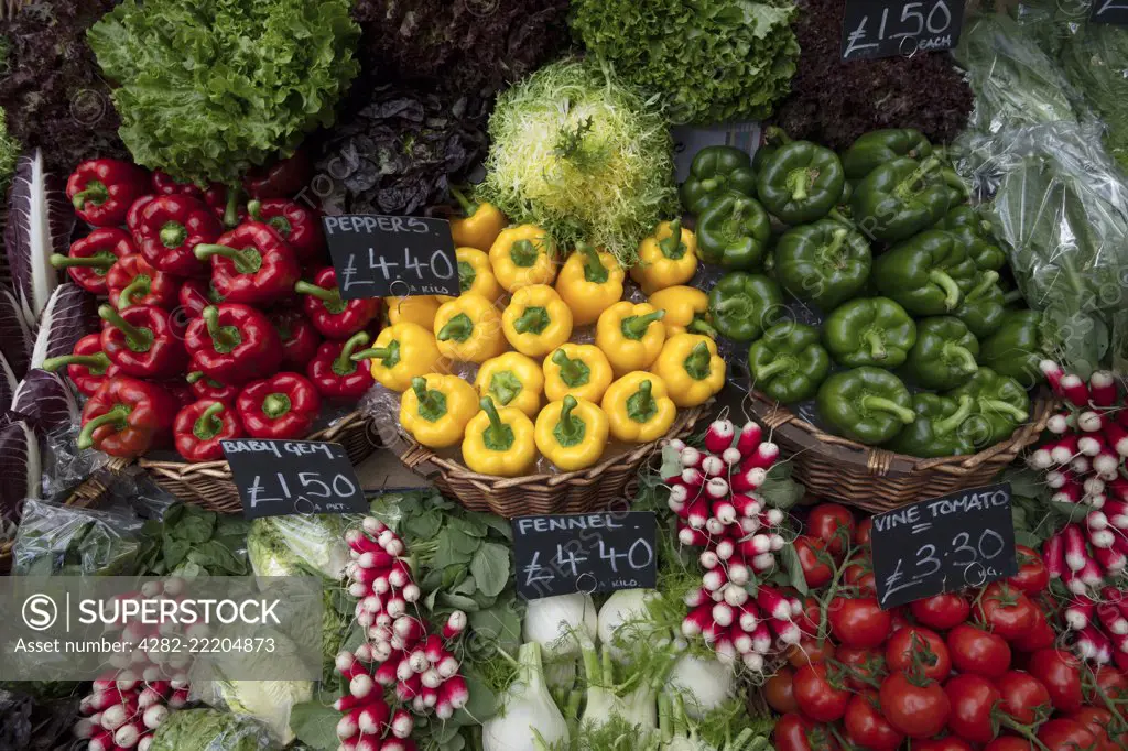 Fresh harvest vegetables for sale in London's Borough Market.