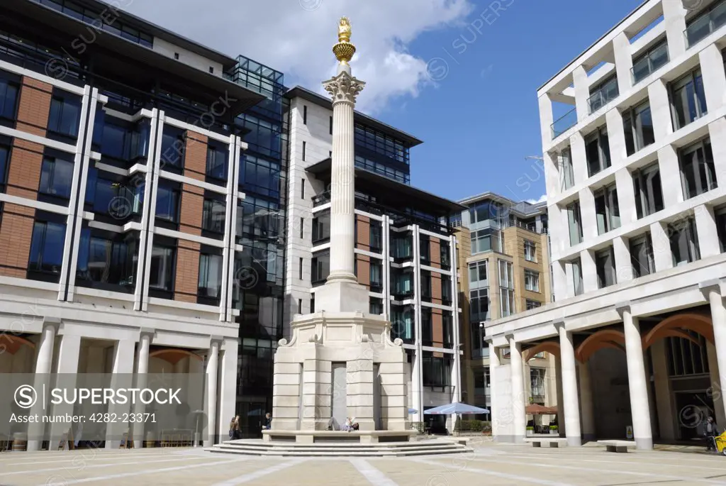 England, London, The City. View of Paternoster Square showing the Paternoster Square Column and modern office buildings.