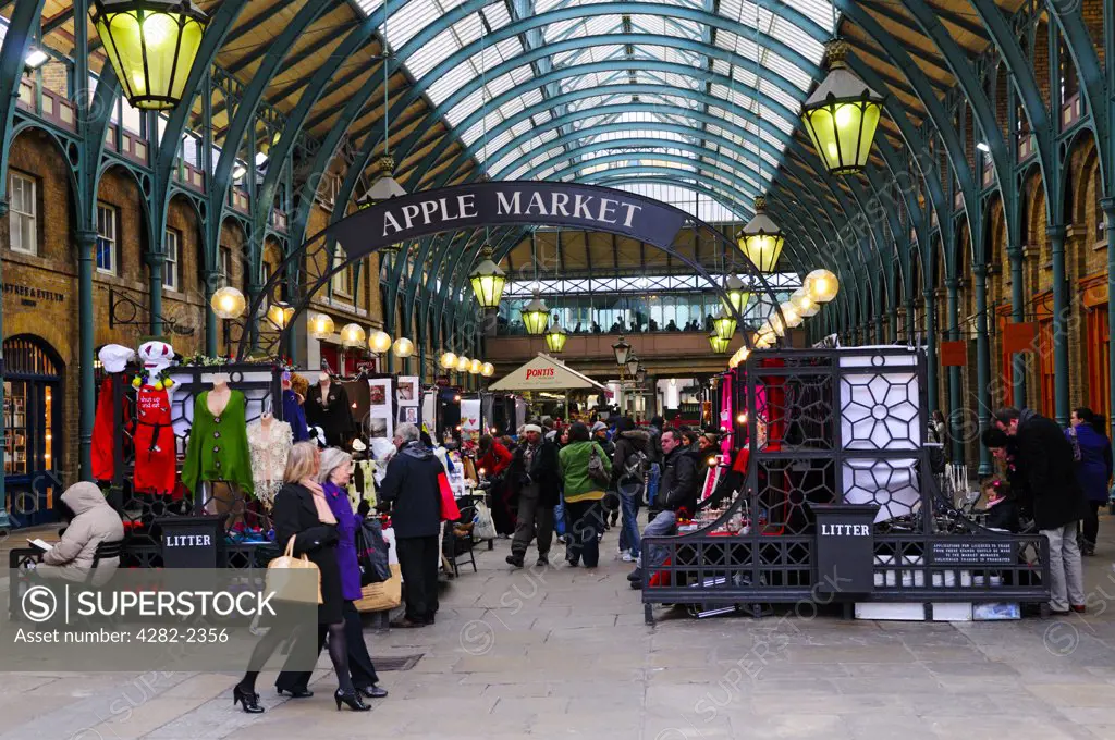 England, London, Covent Garden. Arts and crafts for sale in the Apple Market in the centre of Covent Garden.