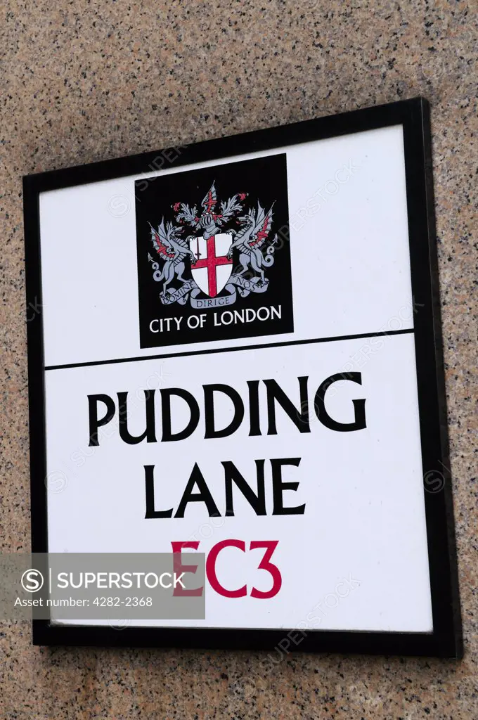 England, London, City of London. Pudding Lane EC3 Street Sign. Pudding Lane is famous as the location of the start of the Great Fire of London in 1666.