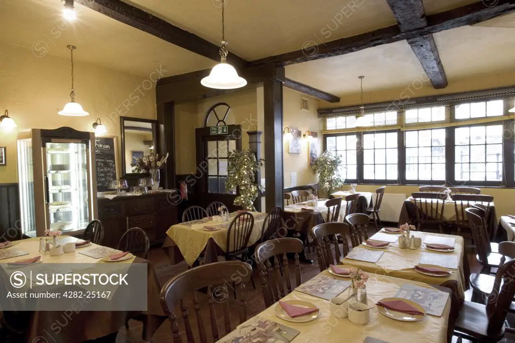 Wales, Denbighshire, Denbigh. Interior of The Forum Tea Rooms. After the Norman Conquest, Denbigh became a Welsh Border town guarding the approach to the Hiraethog Hills and Snowdonia.