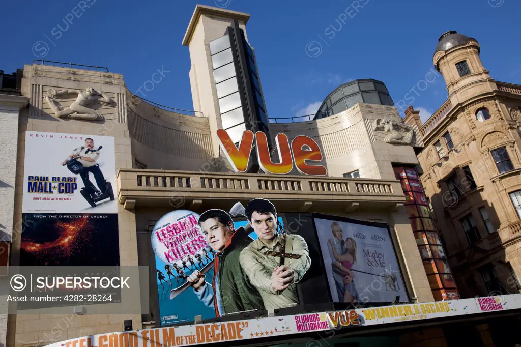 England, London, Leicester Square. New movie billboards on the facade of the Vue cinema in Leicester Square.