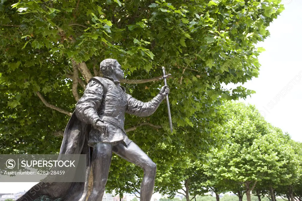 England, London, South Bank. A statue of Laurence Olivier playing Henry the Fifth outside the National Theatre on the South Bank.