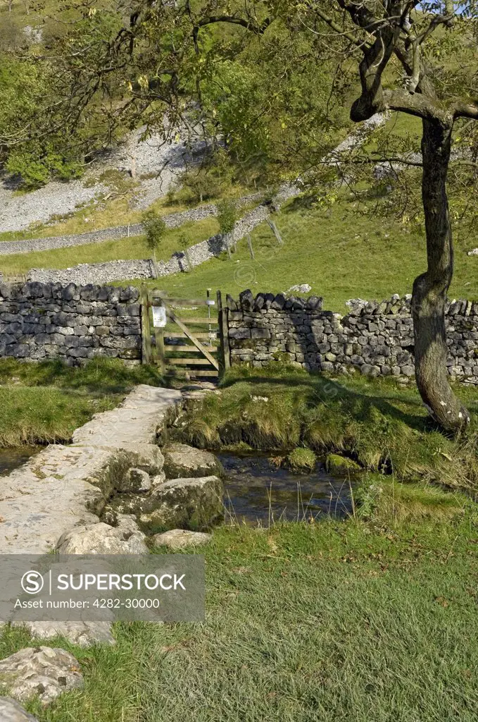 England, North Yorkshire, Malhamdale. Clapper bridge across Malham Beck near to Malham Cove in the Yorkshire Dales National Park.