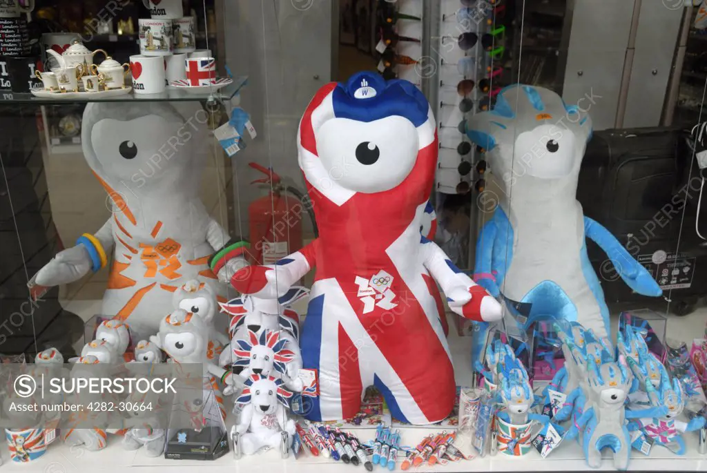 England, London, Oxford Street. London 2012 Olympic mascots, Wenlock and Mandeville in a shop window.