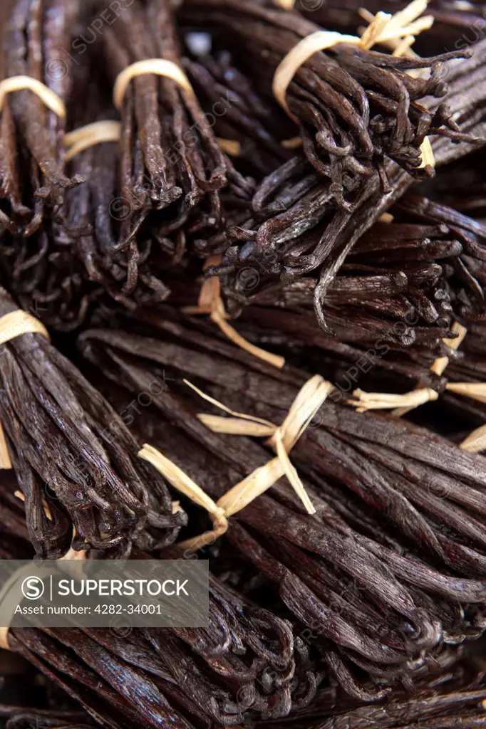 France, Reunion Island, St Paul. Vanilla pods for sale in the village of St Paul on the French island of Reunion in the Indian Ocean.