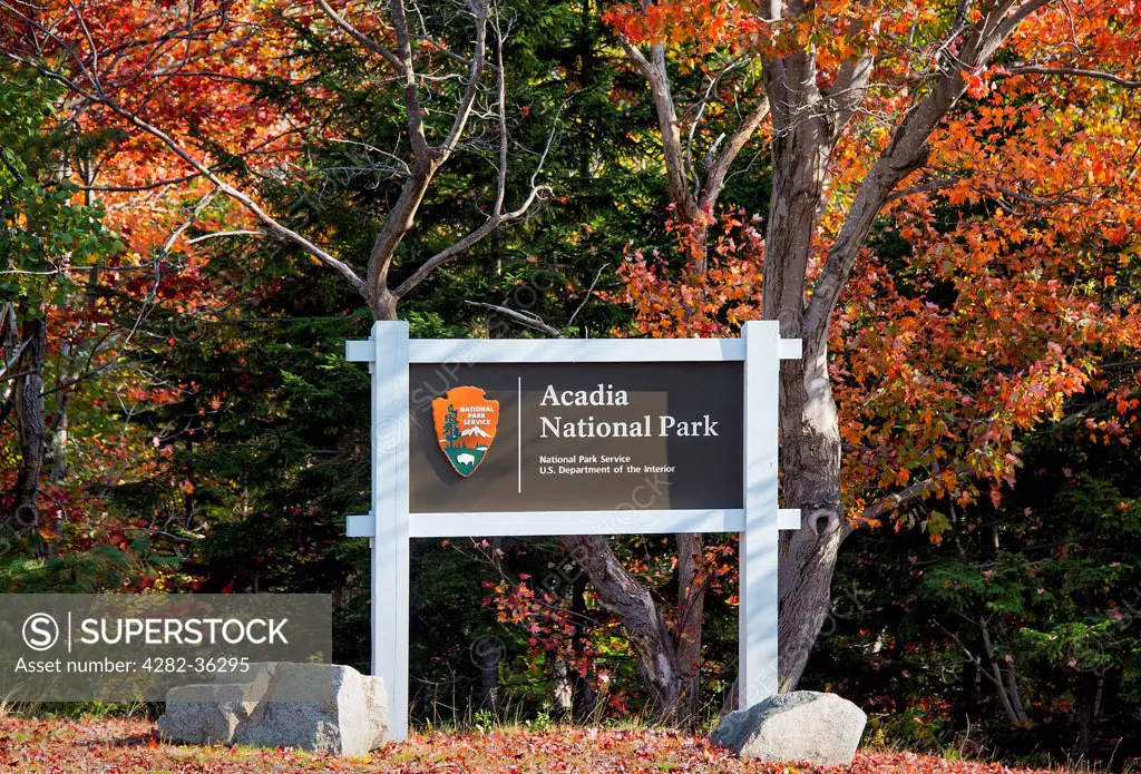 USA, Maine, Acadia National Park. A sign at the entrance of Acadia National Park.