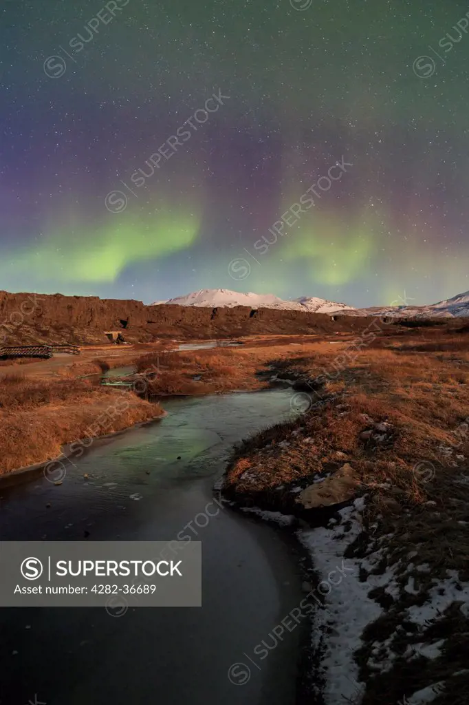 Iceland, Blaskogabyggo, Thingvellir. Aurora borealis over Lake Thingvallavatn in Thingvellir National Park in Iceland.