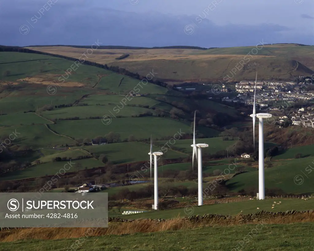 South Wales, Glamorgan, Bridgend. Three wind turbines at the Gilfach Gogh Wind Farm near Bridgend and Pontypridd.