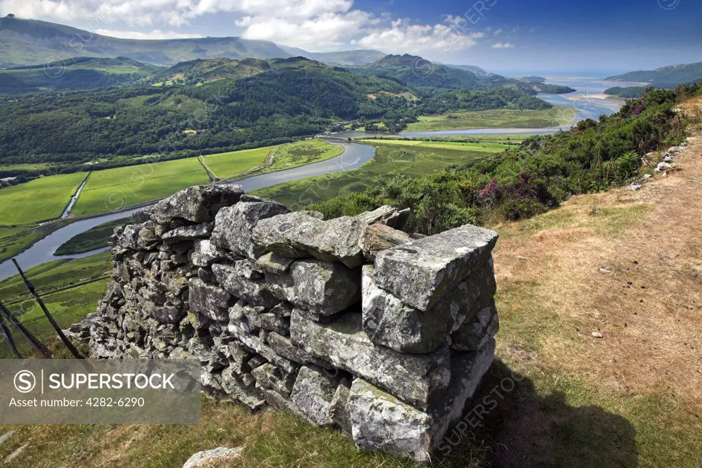 Wales, Gwynedd, Mawdach Estuary. A view toward the Mawddach Estuary. Morfa Mawddach is a beautiful estuarine valley that begins it's journey in the heart of Meirionnydd and opens out into Cardigan Bay.