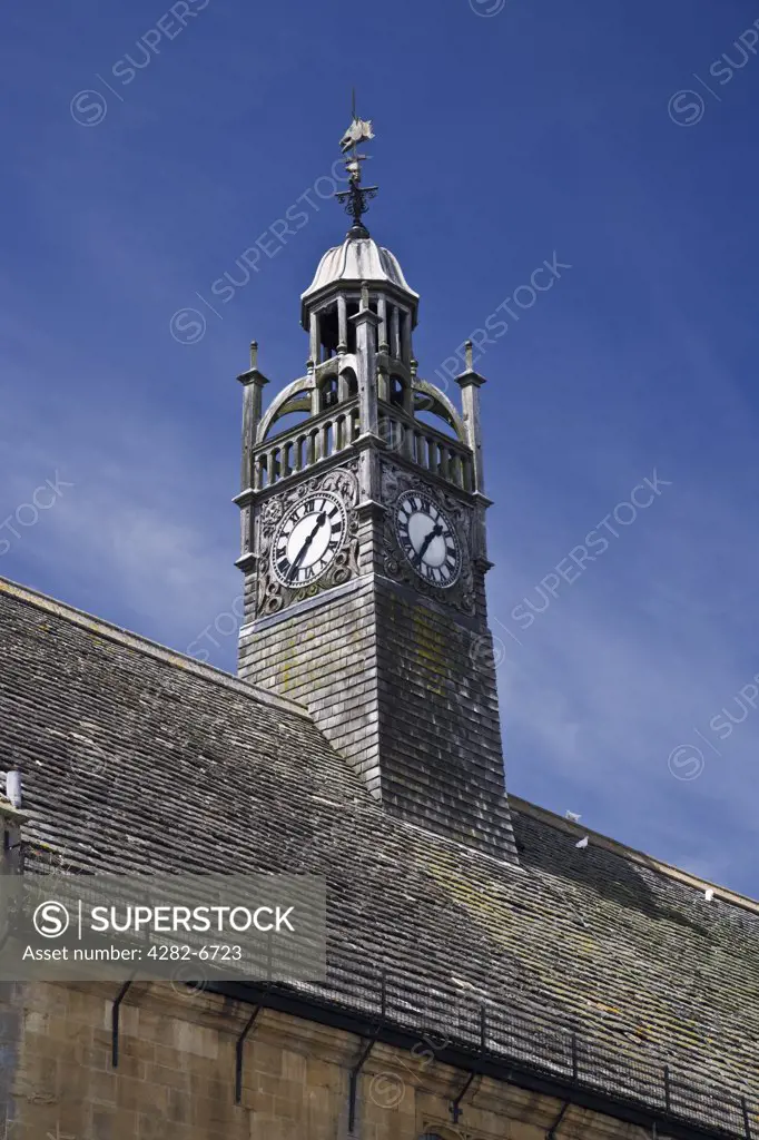 England, Gloucestershire, Moreton-in-Marsh. The clock tower on the Market Hall (Redesdale Hall), erected in 1887 by Sir Algernon Bertram Freeman Mitford in the High Street in Moreton-in-Marsh.