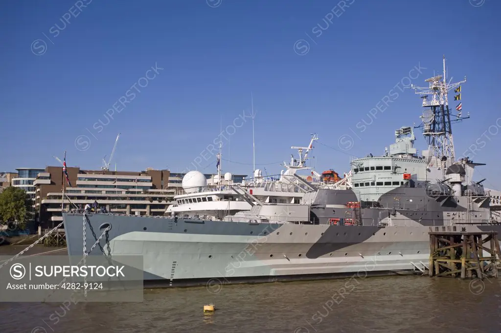 England, London, HMS Belfast. HMS Belfast, part of the Imperial War Museum, on the River Thames between London Bridge and Tower Bridge. HMS Belfast is the first ship to be preserved for the nation since Nelson's Victory.