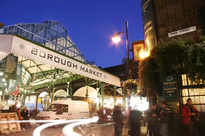 England, London, Borough Market. An exterior view of Borough Market at night.