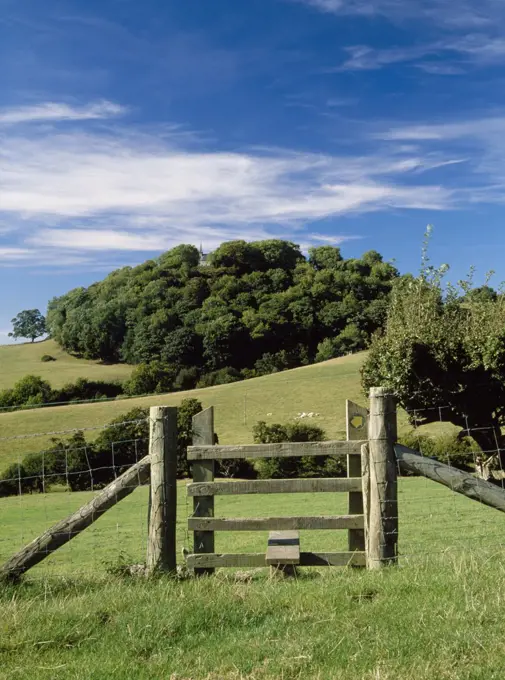 Wales, Denbighshire, Tremeirchion. The Clwydian Way National Trail on the eastern slopes of the Vale of Clwyd. Our Lady of Sorrows rock chapel, on the hill to the rear, is part of St Beuno's Ignation Spirituality Centre.