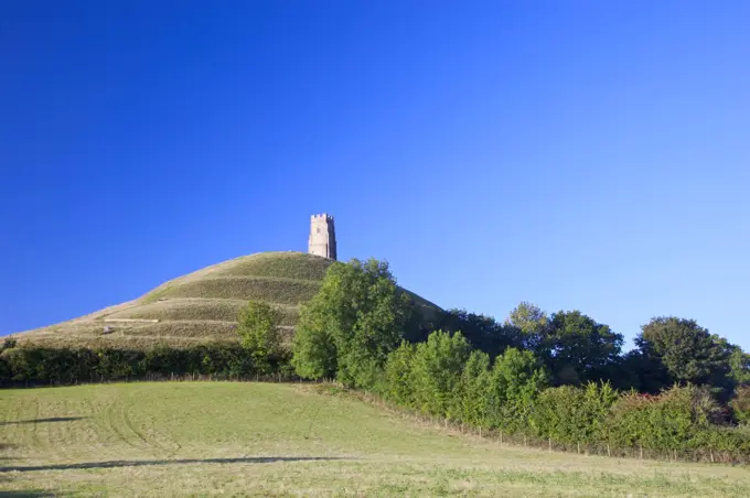 England, Somerset, Glastonbury. St. Michael's Tower on top of Glastonbury Tor, a hill on the Somerset Levels associated with Avalon and the legend of King Arthur.