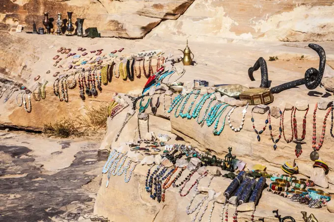 Tourist souvenirs on display in Siq Al-Barid or Little Petra in Jordan.