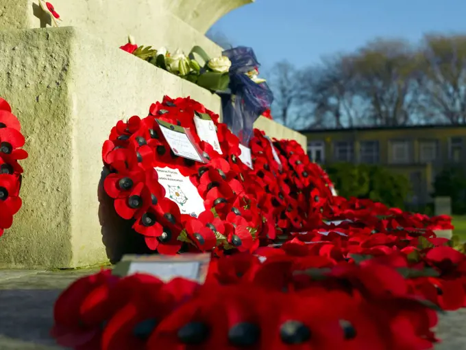 England, North Yorkshire, York. Remembrance Day poppies around the base of the war memorial in the War Memorial Gardens.