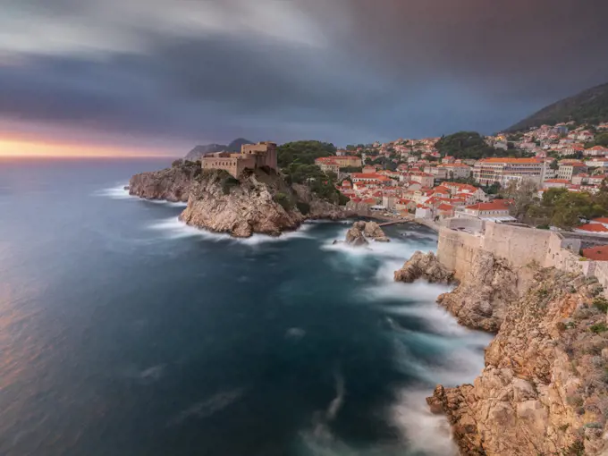 A view over Dubrovnik from the city wall at sunset.