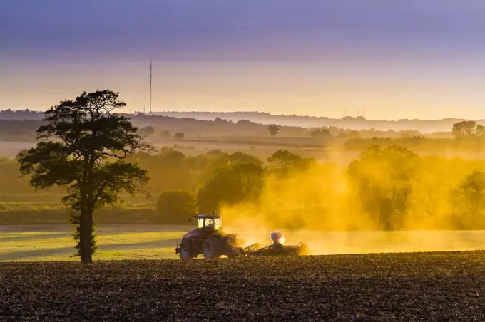 A farmer hard at work as the sun dips low in the sky.