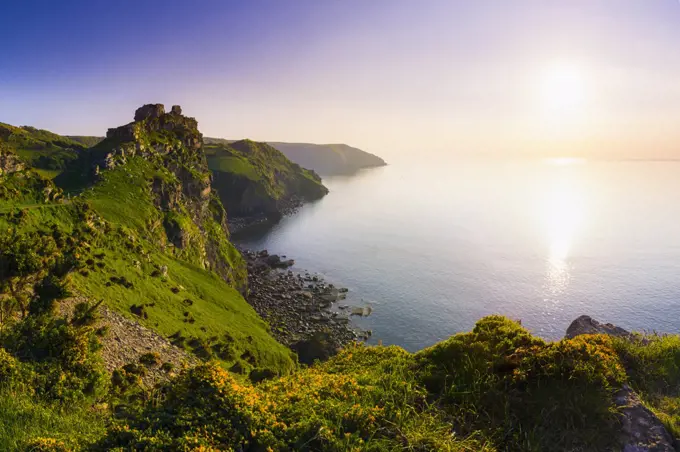 Valley of the Rocks and Wringcliff Bay at sunset in Exmoor National Park.