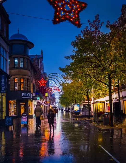 Christmas shopping on a wet night in Leicester.