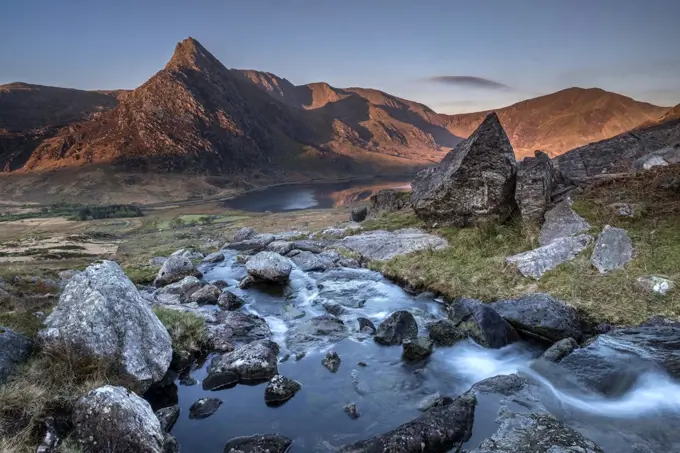 The Afon Lloer and Tryfan in the Ogwen valley in Snowdonia.