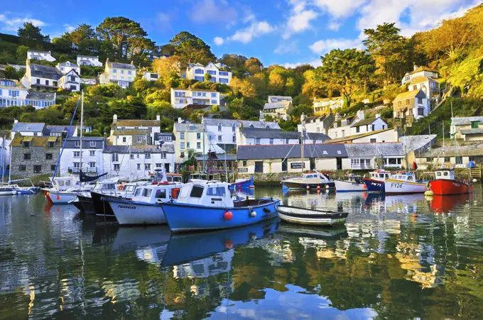 The pretty fishing village of Polperro showing the inner harbour with its colourful fishing boats and traditional cottages.